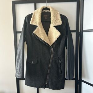 [S] Danier Women’s Dark Grey Wool & Black Leather Moto Coat with Sherling Collar